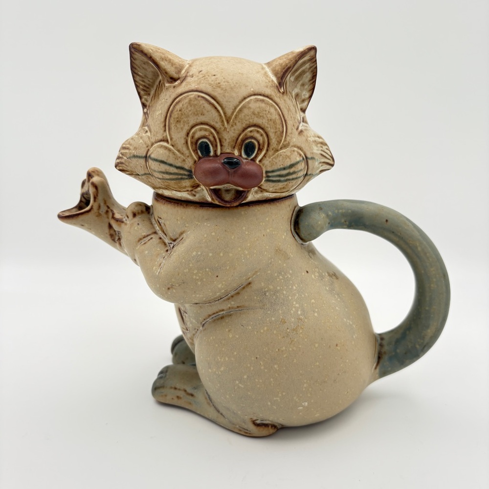 Giftcraft L6T5H7 Red Clay Pottery Cat Teapot Brown Green
